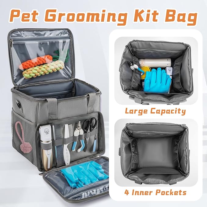 SMYV Pet Grooming Bag for Dog Grooming Supplies, Dog Tote Travel Bag for Pets Grooming Tools Kit Accessories - Grey