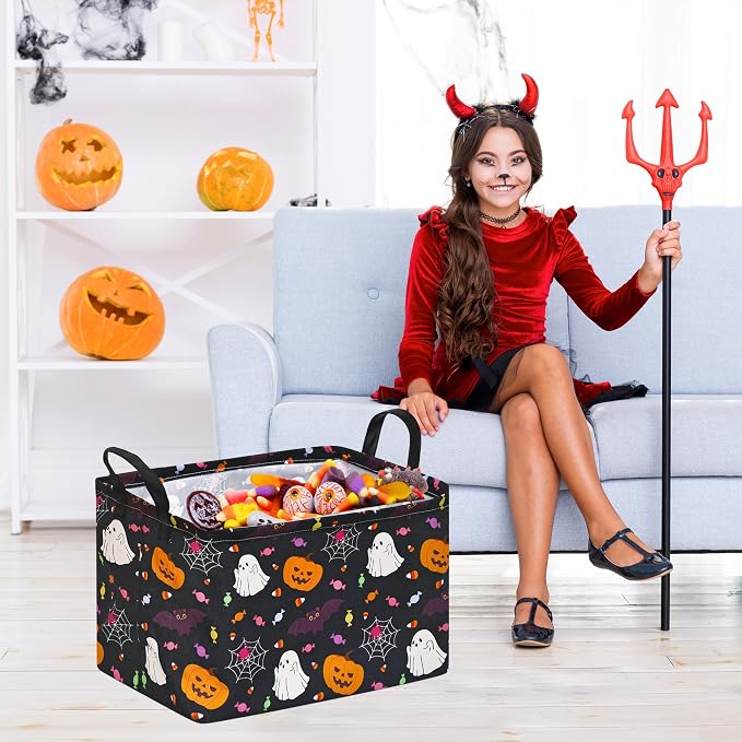 Kids Storage Basket with Halloween Print, 14.5" x 10.2" x 9.4", Waterproof | Foldable Organizer with Leather Handles;Ideal for Halloween Treats,Kids' Gifts,Laundry & Toy Storage;Spooky Holiday Decor