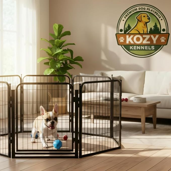 Dog Play Pen for Indoor Use - 24'', 8 Panels for Small and Puppy Size Dogs - Metal Heavy Duty Pet Fence with Anti-Slip Feet - Portable Black Playpen Kennel for House or Garage