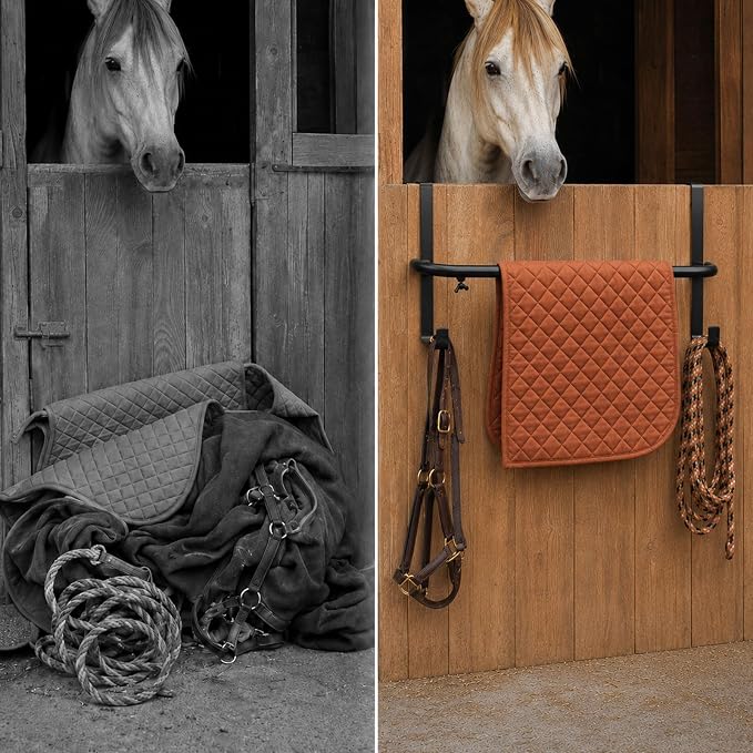 6Pcs Horse Blanket Rack with Bridle Hooks for Stable Storage, Adjustable Length Tool-Free Installation | Portable Blanket Bar for Horse Pads Saddle