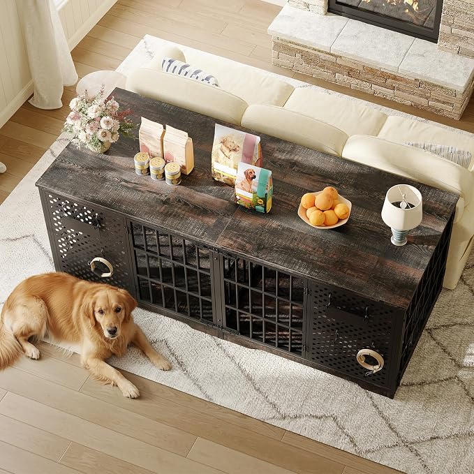 HOOBRO 71" Dog Crate Furniture for 2 Large Dogs, Heavy Duty Indoor Kennel with Removable Divider & Name Tags, TV Stand Cage Furniture for Medium & Large Dogs, Charcoal Gray & Black BC84GW03