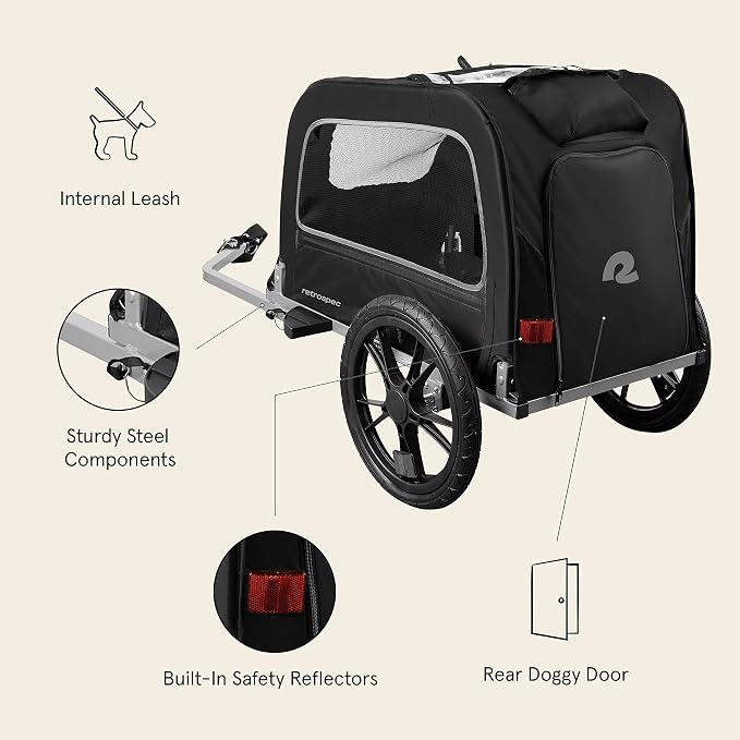 Retrospec Rover Waggin' Pet and Dog Bike Trailer with Weather-Resistant Canopy & Mesh Shield - Foldable Frame, 16in Wheels with Storage Pouch & Internal Safety Leash Supports up to 50 lbs