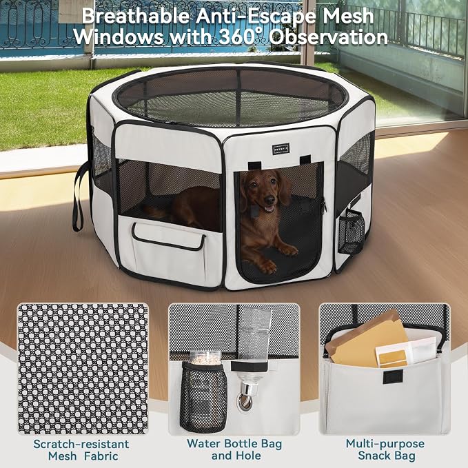 PETSFIT Portable Dog Playpen 36", Removable Waterproof Mat, Zippered Roof | 3-Second Setup, Collapsible Storage, RV Camping Travel, Indoor Outdoor Use, Medium Dogs and Cats, 36"L x 36"W x 21"H