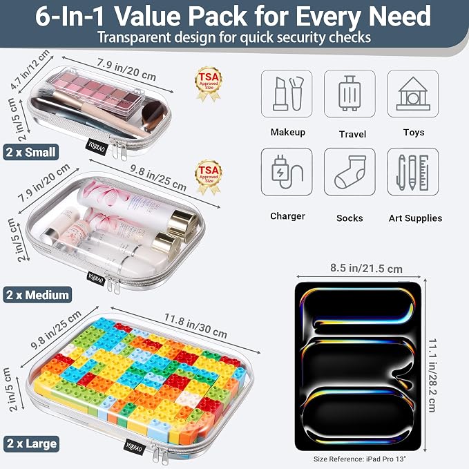 YQBRAO Clear Hard Shell Zipper Cases, 6 Multi-Size Organizers, Grey | Rigid clear shells in three practical sizes organize toiletries, cosmetics, cables, stationery and household essentials