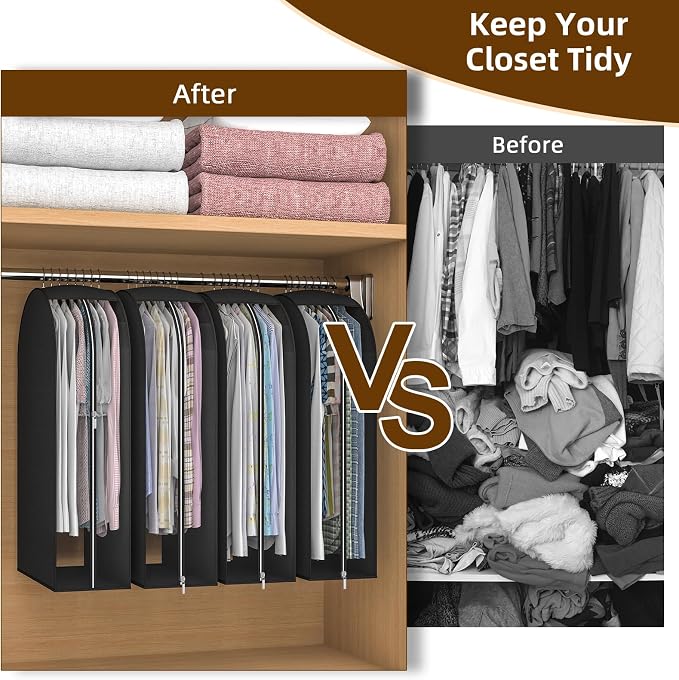 Black Garment Bags for Hanging Clothes, 4-Pack, 32" | Upgraded thickened clear garment bags with 10" gusset for closet storage of shirts, coats, dresses