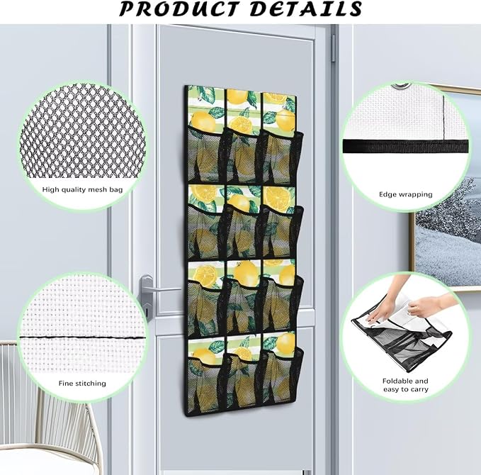 Lemons Over the Door Shoe Organizer,Hanging Storage Bags with 12 Mesh Large Pockets,Behind Door Shoes Hang Holder Rack