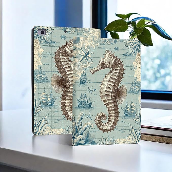 for Microsoft Surface Pro 8-13" 2021 Tablet Case,Auto Wake/Sleep,Adjustable Stand Protective Cover - Vintage Seahorse Nautical