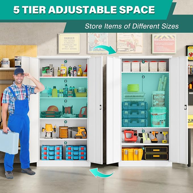 White Metal Storage Cabinet with Adjustable Shelves,71" Tall Metal Cabinet with Locking Doors,Steel Cabinet with Lock,Lockable Storage Cabinets for Home,Office,Kitchen,Laundry,Pantry