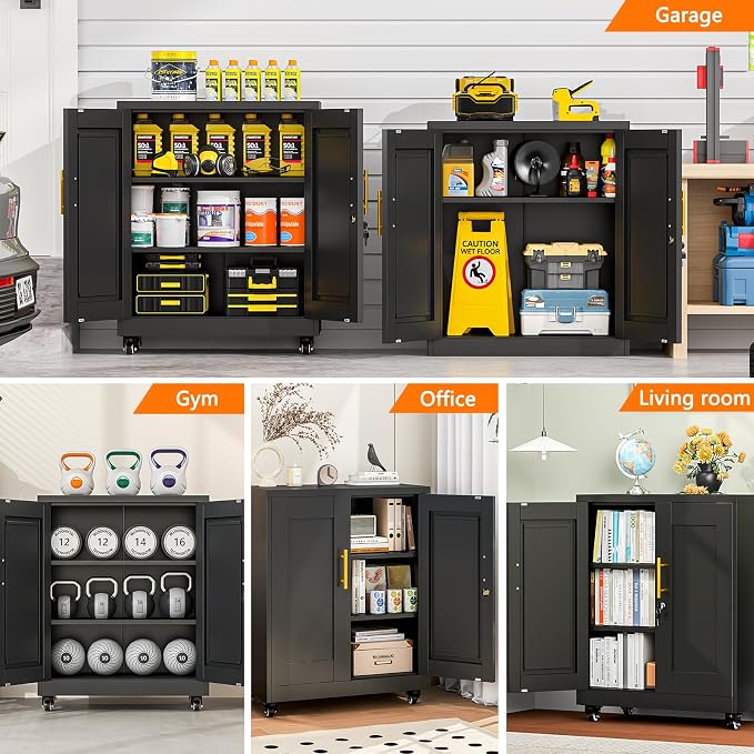 Small Metal Storage Cabinet with Wheels, Lockable Tool Cabinet with Doors | 2 Adjustable Shelves, Locking Doors, Magnetic Closure, Rolling Base, Compact 27.6-Inch Width, Cold-Rolled Steel