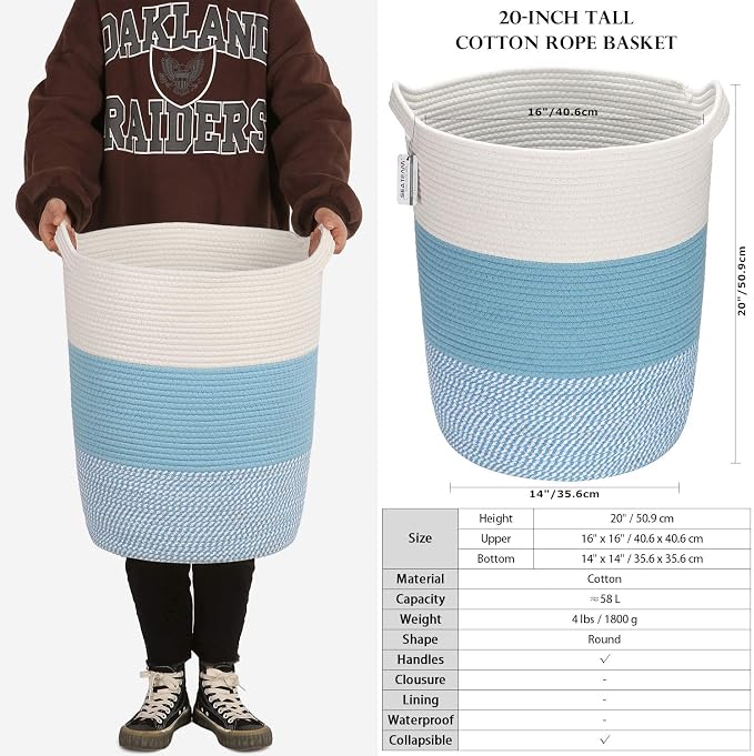 Sea Team Large Woven Cotton Rope Laundry Basket with Handles, 20 x 14 in | Collapsible Knitted Hamper, Closet Shelf Organizers, Containers for Clothing, Blankets, Toys, Bedding, Mottled Blue