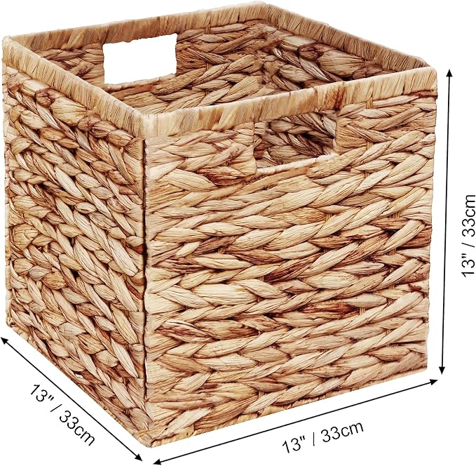 Vagusicc Wicker Storage Basket, Set of 2 Handwoven Water Hyacinth Storage Baskets for Organizing, 13 inch Foldable Storage Cubes with Handles for Laundry Organizer Bins for Bathroom Shelves & Decor