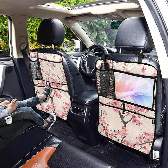 JIPONI Car Backseat Organizer, Japan Cherry Blossoms Automotive Back Seat Protector, Kick Mats with Storage Pockets for Kids Pets, Road Trip Accessories (2 Pack)