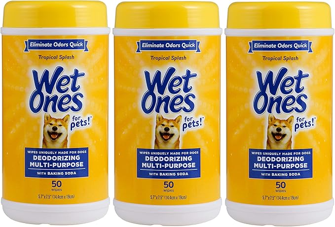 Wet Ones for Pets Deodorizing Dog Wipes with Baking Soda, Tropical Splash Scent - Multipurpose Deodorizing Pet Grooming Wipes in Resealable Canister, 50 Count - 3 Pack