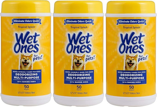 Wet Ones for Pets Deodorizing Dog Wipes with Baking Soda, Tropical Splash Scent - Multipurpose Deodorizing Pet Grooming Wipes in Resealable Canister, 50 Count - 3 Pack