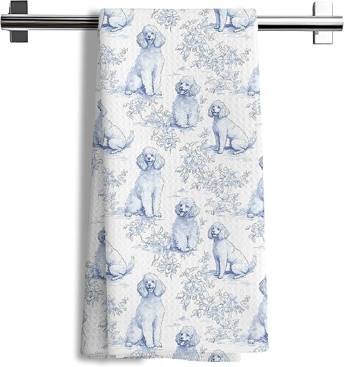 Chinoiserie Poodle Decor Kitchen Towels, Blue and White Botanical Grandmillennial Dog Decorative Dish Tea Towels,Poodle Gifts for Kitchen Bathroom Decor, 16x24 Inch