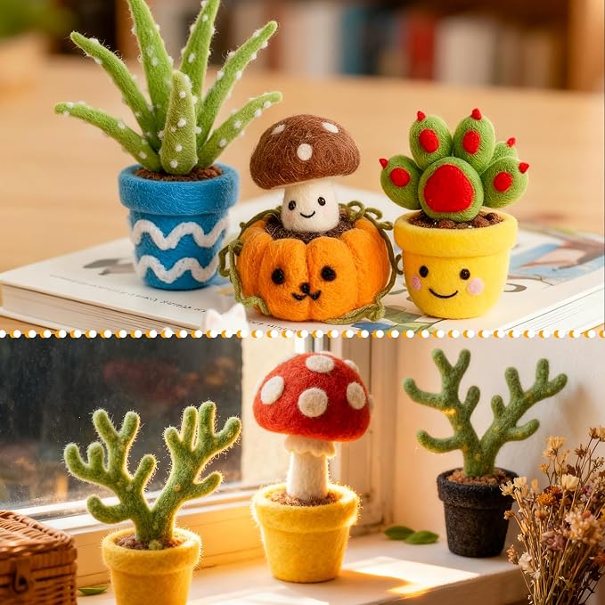 Needle Felting Kit for Beginners, 28 Colors Wool Roving DIY Succulent Plants Craft Set with Felting Needles, Pad & Tools, Wool Felt Kit for Mini Potted Plants Home Decoration & Christmas Gift