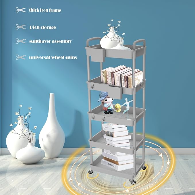 5 Tier Rolling Utility Cart with Handle,REBECAT Utility Cart Made of Multifunctional Storage Organizer Tool for Kitchen,Bathroom,Living Room,Office(Gray)