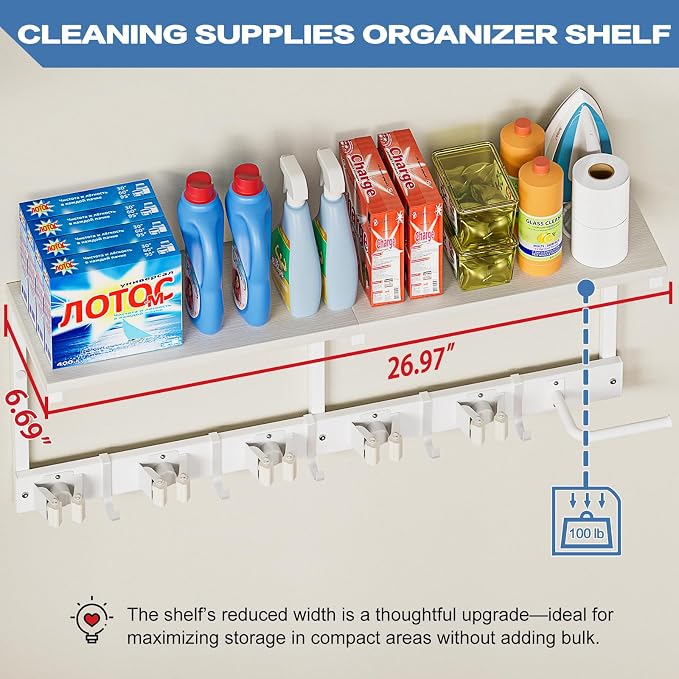 Broom Holder Wall Mount with Cleaning Supplies Organizer, Laundry Room Organization and Storage Shelf with Mop Hanger Rack Gripper Hooks, Utility Shelf Closet Organizer Floating Shelves for Garage