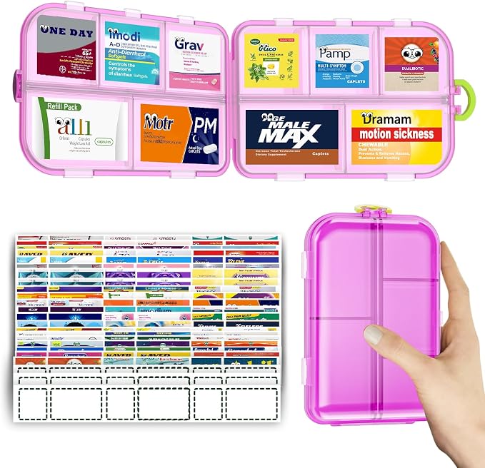 Pill Organizer Travel Medicine Case - Daily Pill Organizer with 144 Labels, Portable Travel Essentials for Medication