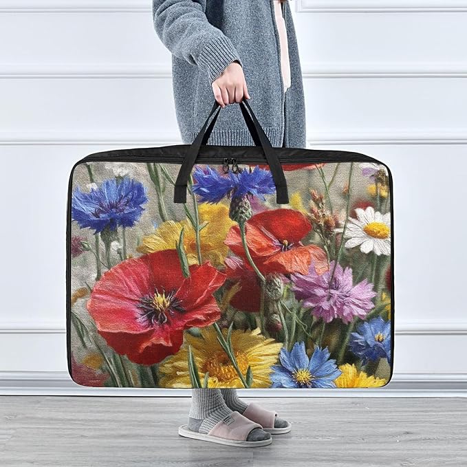 Comforter Storage Bags Large Folding Blanket Organizer Bag with Strong Handles Clear Window Closet Storage Containers for Clothes King Queen Pillows Bedding Quilt Duvet Cornflower Poppy Daisy