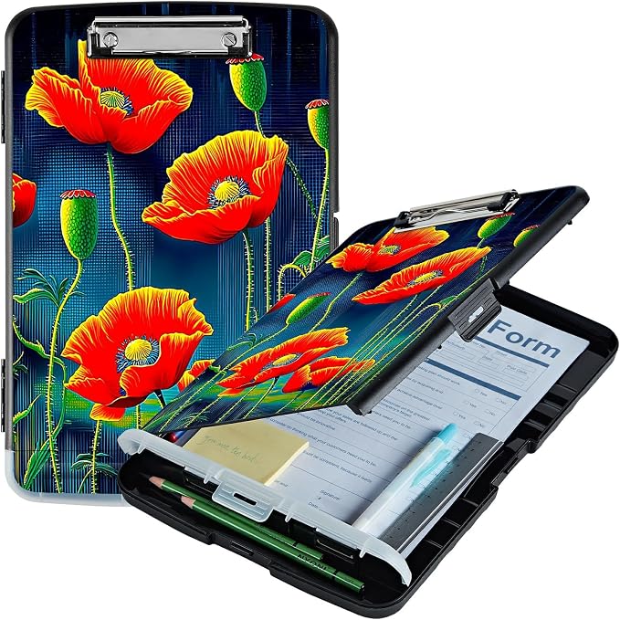 Artistic Red Flower A4 Clipboard with Storage Pen Holder, Clipboards Organizer Nursing Clipboard Foldable File Folder Plastic Clipboard Folio Clip Board for Office Students Classroom Doctor