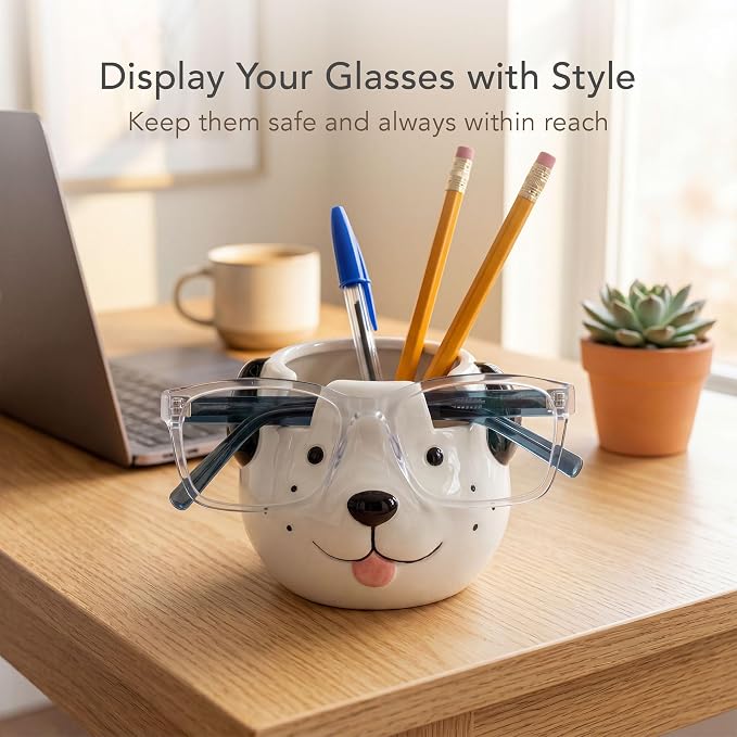 Glasses Holder Stand and Vase - Dog Ceramic Sunglasses and Eyeglasses Stand Gift Display and Decor Organizer for Desk Accessories and Stationery Items (White and Black)