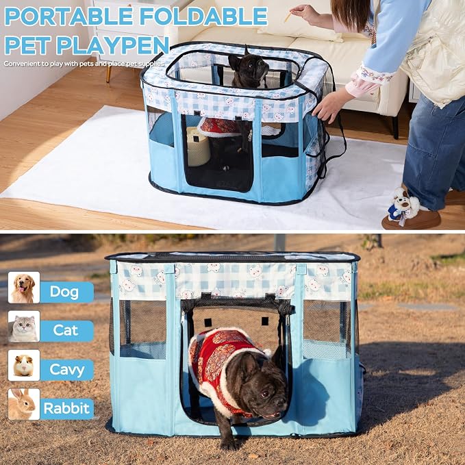 XRG Foldable Pet Playpen,Indoor Cat cage Puppy Crates M(31.5"x23.6"x21.7") | Portable Cat Kennel with Upgrade Breathable Mesh，Sturdy Kitten Playpen Indoor & Outdoor for Rabbit or Small Animals，Bule