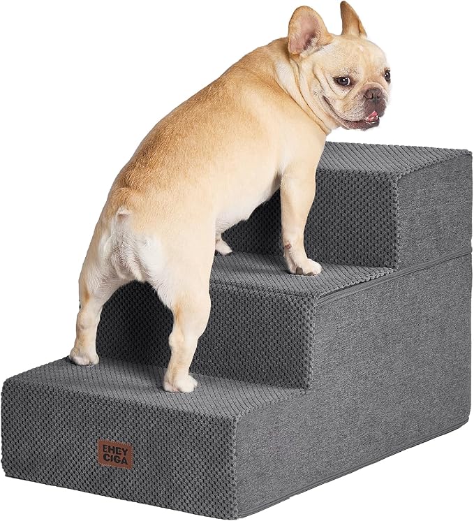 EHEYCIGA Dog Stairs for Small Dogs 16.5" H, 3-Step Extra Wide Ramp, Grey | Pet Steps for Couch Sofa and Chair, Pet Steps for Medium Cats, Non-Slip Balanced Pet Ramp Indoor