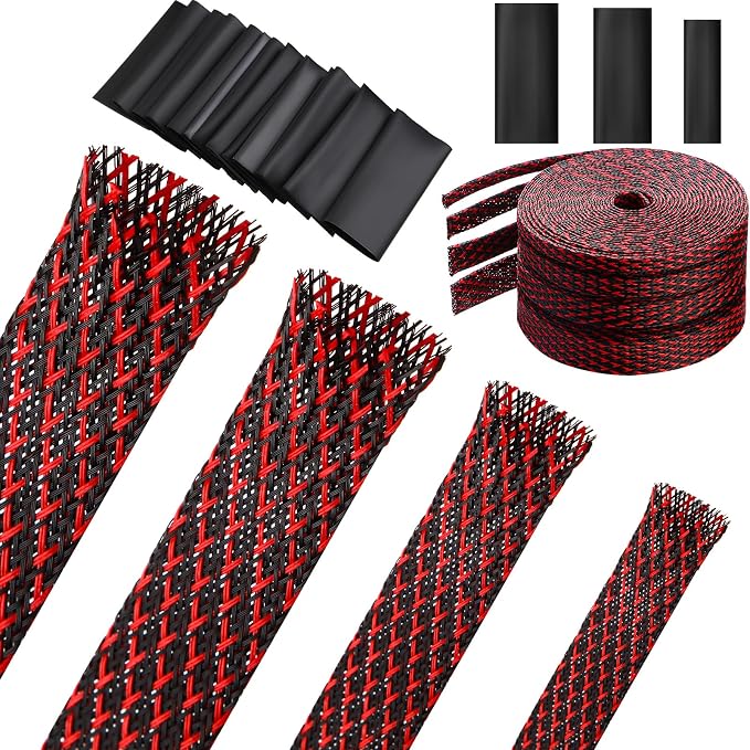 Tatuo 65.6 ft Braided Cable Sleeve Expandable Wire Sheathing(Red, Black) | with 120 Heat Shrink Tubing 1/4 in 2/5 in 1/2 in 3/4 in Wire Sleeve Cord Management for Television Audio Computer Video Pets