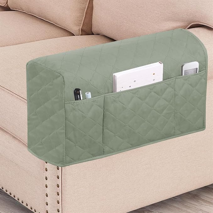2 Pcs Waterproof Couch Arm Covers Dirty-Resistant Anti-Scratch Arm Rest Covers for Sofa with Side Pocket Anti-Slip Arm Chair Covers, Armrest Organizer(Green)