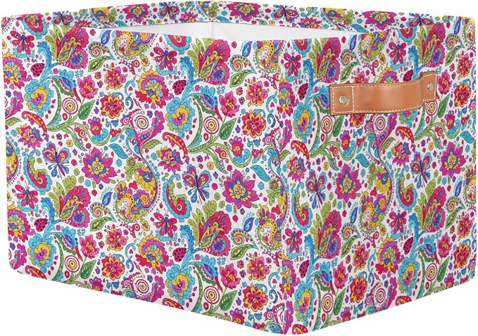 AUUXVA Storage Basket Colorful Paisley Flower Floral Storage Cube Box Durable Canvas Collapsible Toy Basket Organizer Bin with Handles for Shelf Closet Bedroom Home Office