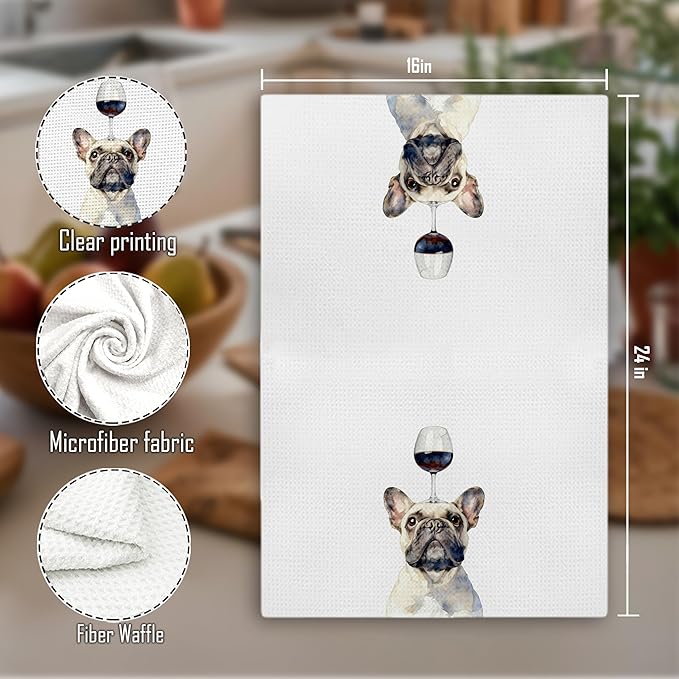 Funny Wine French Bulldog Decorative Kitchen Towels, Gifts for French Bulldog and Wine Lovers Hand Tea Towels for Bathroom, Frenchie Gifts for Women Men Dish Towel Dishcloth, 16x24 Inch