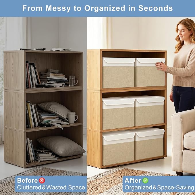 Large 17" 42 Quarts Collapsible Stackable Storage Bins with Lids [3-Pack] Foldable Fabric Linen Storage Boxes Cube, Closet Organizer Baskets with Label (16.7 x 12 x 12, Beige & White)