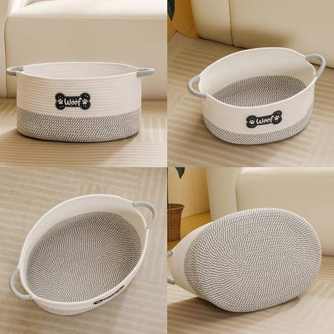 Dog Toy Basket, Dog Toy Box Organizer Baskets, Woven Cotton Rope Pet Puppy Dogs Toy Bin With Handle, Chew Toys Blankets Leashes Grey Storage Baskets for All Pets - Puppies to Large