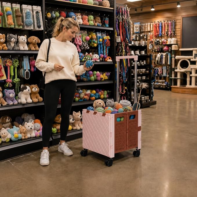 Foldable Shopping Cart with Wheels: Cat-Style Rolling Utility Crate | Adjustable Handle, Clear Window, All-Terrain Wheels, Grocery Trolley for Teacher, Market, Office, Luggage, Laundry, Garden