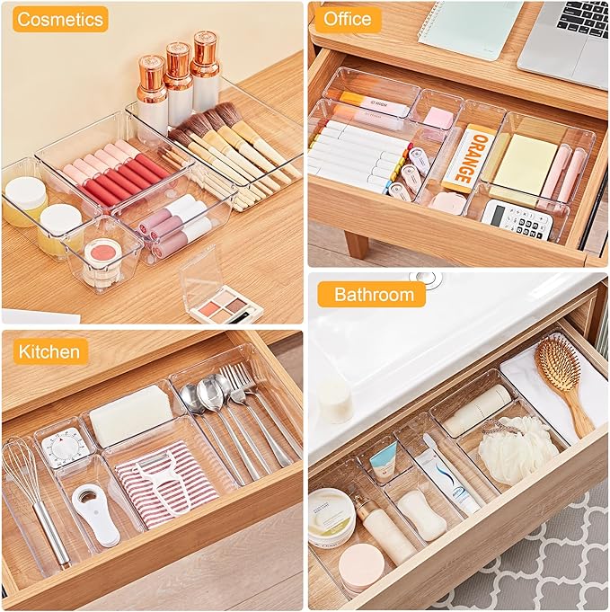 SMARTAKE 22-Piece Drawer Organizer with Non-Slip Silicone Pads, 5-Size | Clear Desk Bathroom Drawer Organizer Trays Storage Tray for Makeup, Jewelry, Utensils in Bedroom Dresser, Office and Kitchen