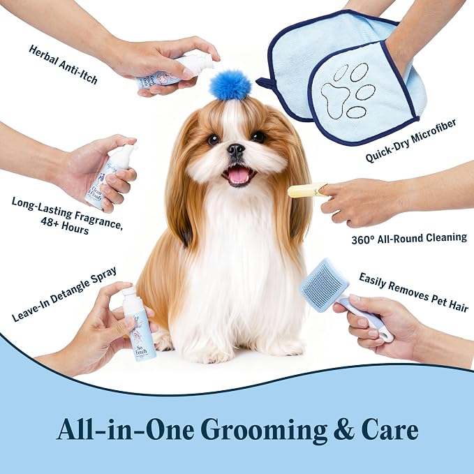 FlyDog The Rover Pet Travel Bag - 11 Piece Dog Grooming Kit with Shampoo, Conditioner, Paw Cream, Toothpaste & Toothbrush, and More, Dog Camping Essentials for Hiking and Outdoor Adventures