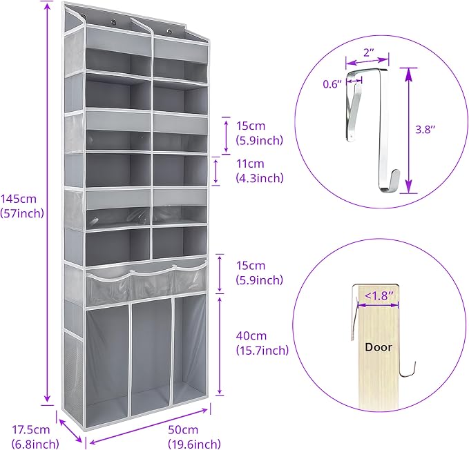 Extra Large Over The Door Organizer with Clear Pockets - 8 Compartments & XL Bottom Storage, Heavy-Duty Hanging Organizer for Bathroom, Bedroom, Closet (57 Inch Height).