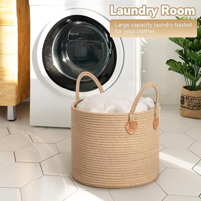 CHICVITA Jute Wicker Storage Basket with Leather Handles, 14" x 12"，Jute | Natural Woven Basket, Baby Hamper for Nursery Living Room & Bedroom Organization, Holds Blankets, Towels, Toys & Shoes