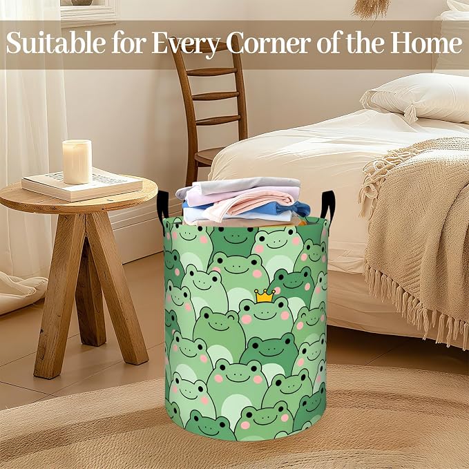 Cartoon Frog Laundry Basket, Adorable Frogs Face Foldable Oxford Cloth, Waterproof Dirty Clothes Hamper with Handles, Clothing Storage Bin Toy Organizer for Bedroom Dorm Bathroom, 19.7"x15.7"