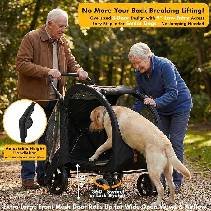 PAWZIDEA 3-in-1 Large Dog Stroller with Detachable Carrier, 45% Extra Tall | Dog Crate Car Travel for 2 Medium Dogs Sit Upright, Foldable Jogger Pet Stroller All-Terrain, Adjustable Handle, Up to 100lbs