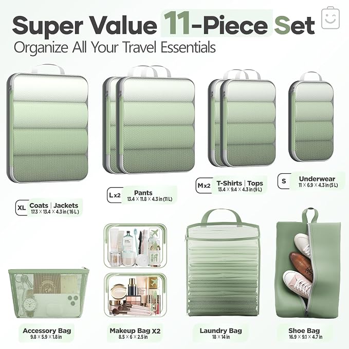 Veken 11 Set Compression Packing Cubes Garment Bags for Travel Essentials,Compressible Expandable Luggage Organizer Bags for Clothing,Space Saver Bags with Over 1000 pcs of Mesh Holes(Matcha Green)