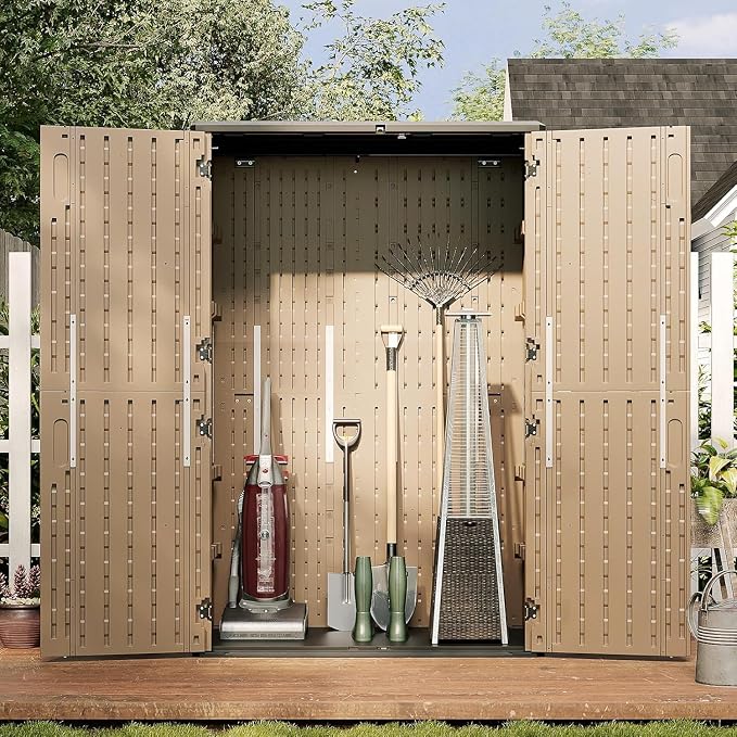 Aoxun Outdoor Storage Shed, 64 Cu.Ft Vertical Storage Sheds, Brown | Outdoor Waterproof Storage Cabinet for Garage Storage, Resin Sheds Outdoor with Floor