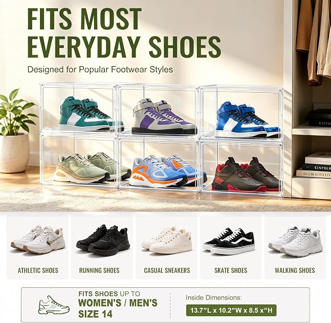 Heavy Duty Acrylic Shoe Box, Size 14, Stackable Everyday Footwear Storage | Wide Magnetic Door, Fits Size 14 Sneakers, Casual Shoes, Athletic Footwear. Clear Acrylic Design & Dustproof Storage