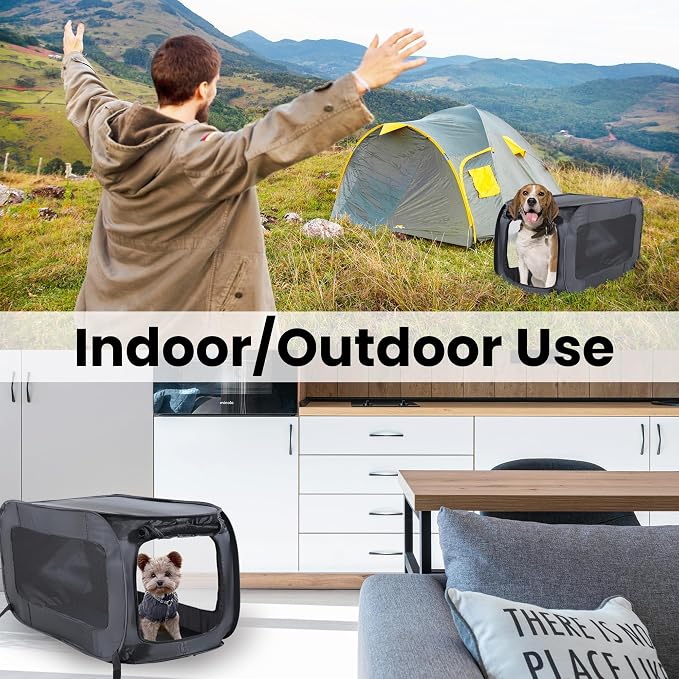 Portable Collapsible Pop Up Kennel, 24"L x 16.6"W x 16"H, Black | Collapsible indoor/outdoor travel cat and dog crate with mesh screen windows pops up and folds flat for easy storage