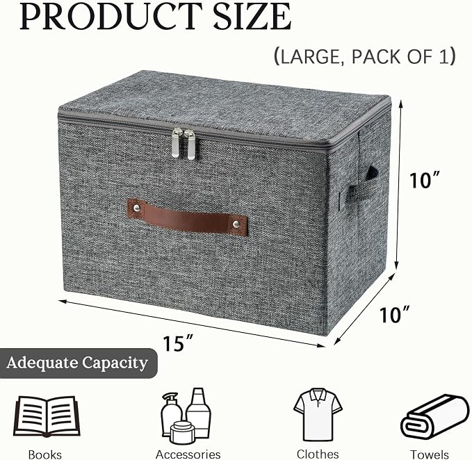 Storage Bins with Zipper Lid Decorative Lidded Storage Boxes | Collapsible Cotton Linen Fabric Storage Baskets, PU Leather Handle, Stackable Shelves Closet Organizer Container(Gray, Large)