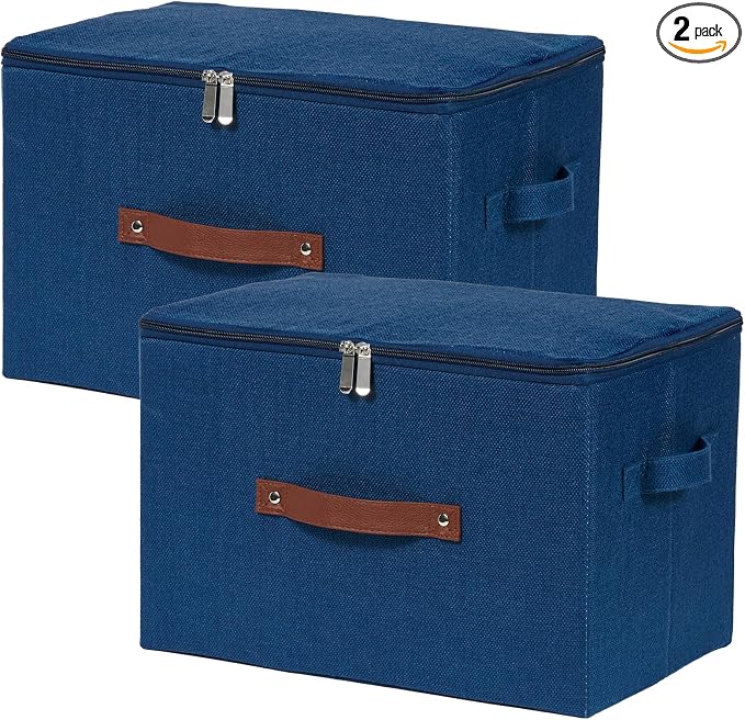 2PCS Storage Bins with Zipper Lids Decorative Lidded Basket Box | Clothes Container, Closet Shelf Organizer, Foldable Washable, Cotton Linen Fabric, w/ PU Leather Handles, Deep Blue, Large