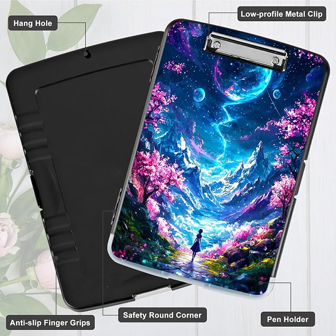 Moon Pink Tree A4 Clipboard with Storage Pen Holder, Clipboards Organizer Nursing Clipboard Foldable File Folder Plastic Clipboard Folio Clip Board for Office Students Classroom Doctor