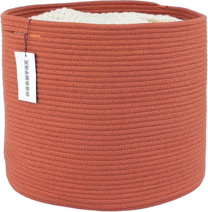 XUANGUO Cotton Rope Basket For Girls Boys Kids 16”X14” rustic | Baby Laundry Baskets, Blanket Basket, Nursery Bin; Round Woven Basket Organizer for Toy Storage, Blankets, Shoes and Clothes