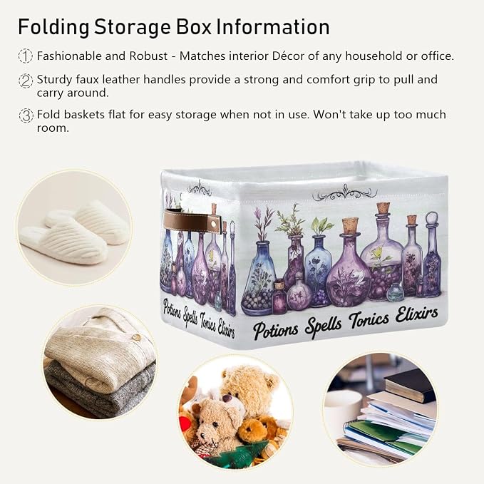 Halloween Witch Potions Storage Basket with Waterproof Liner and PU Handles Purple Herb Spooky Storage Bins Boxes 14.2" Collapsible Decorative Organizer Baskets for Bedroom Closet Office 1 Pack